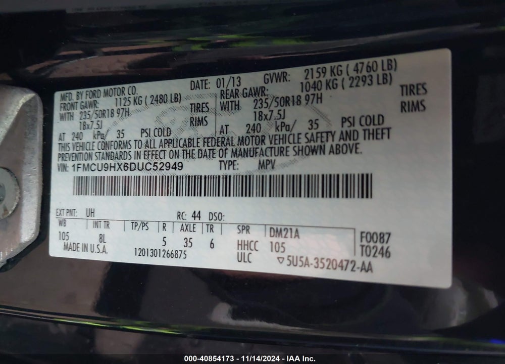 2013 FORD ESCAPE SEL VIN: 1FMCU9HX6DUC52949