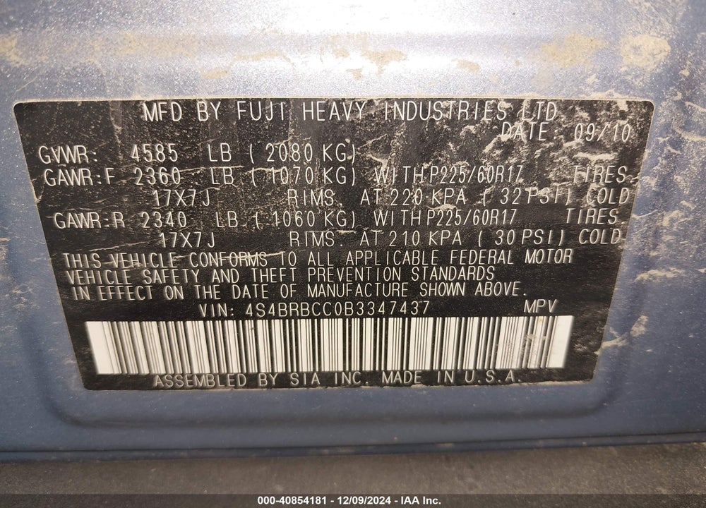 2011 SUBARU OUTBACK 2.5I PREMIUM VIN: 4S4BRBCC0B3347437
