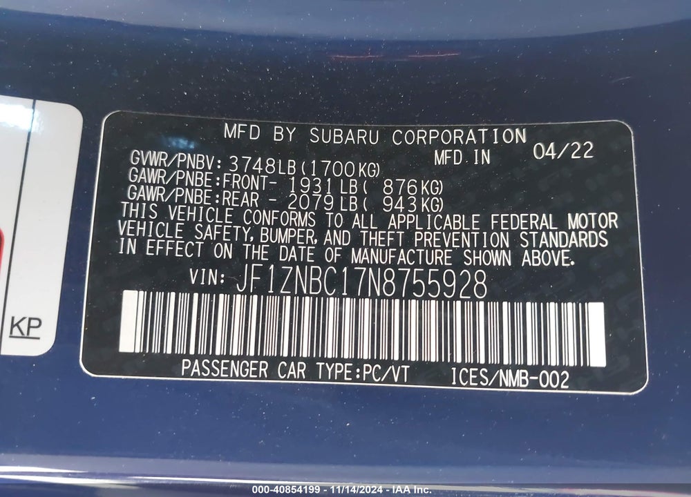 2022 TOYOTA GR86 VIN: JF1ZNBC17N8755928