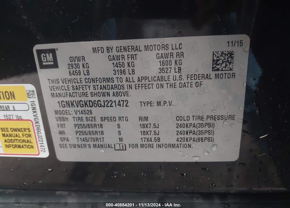 2016 CHEVROLET TRAVERSE 1LT VIN: 1GNKVGKD6GJ221472
