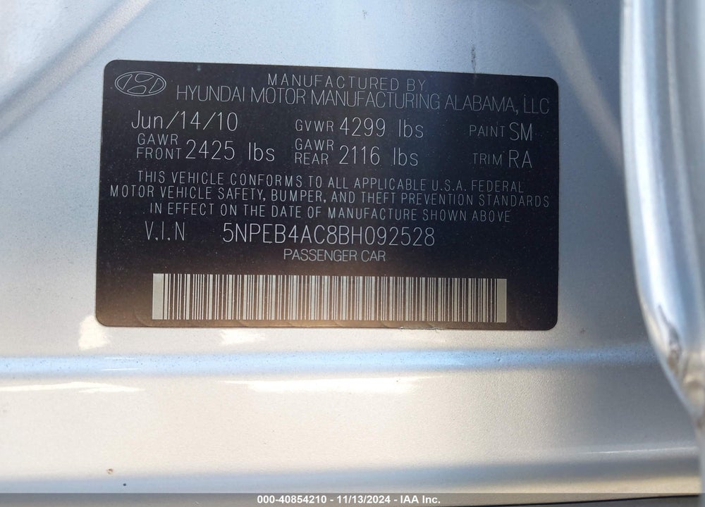 2011 HYUNDAI SONATA GLS VIN: 5NPEB4AC8BH092528