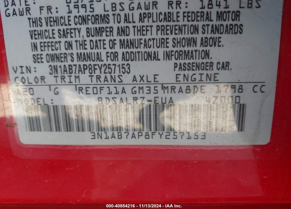 2015 NISSAN SENTRA SR VIN: 3N1AB7AP8FY257153