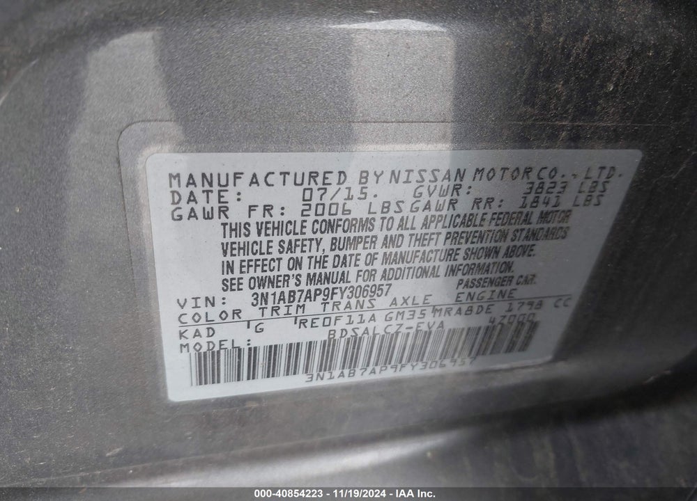 2015 NISSAN SENTRA S VIN: 3N1AB7AP9FY306957