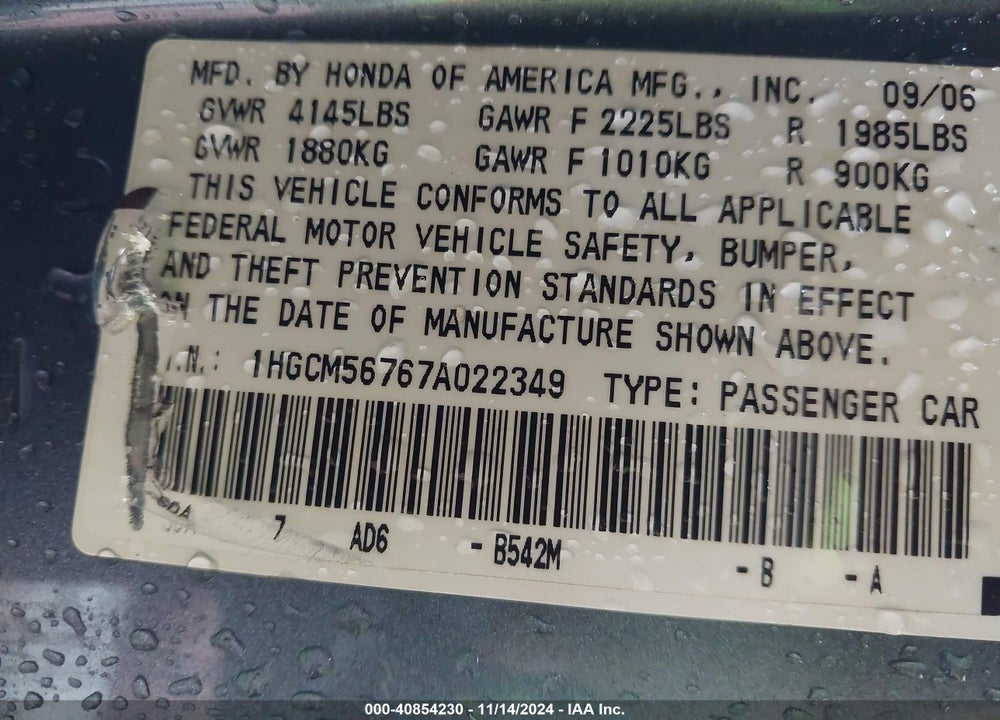 2007 HONDA ACCORD VIN: 1HGCM56767A022349