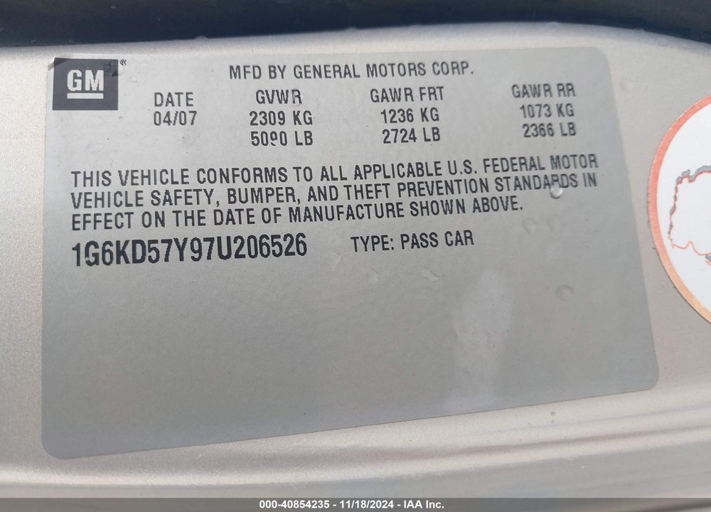 2007 CADILLAC DTS LUXURY II VIN: 1G6KD57Y97U206526
