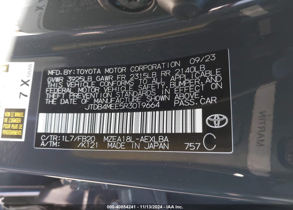 2024 TOYOTA COROLLA LE VIN: JTDB4MEE5R3019664