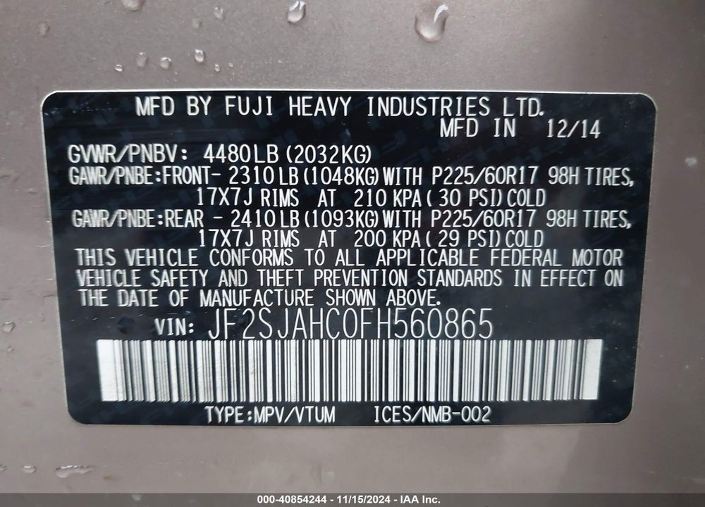 2015 SUBARU FORESTER 2.5I LIMITED VIN: JF2SJAHC0FH560865