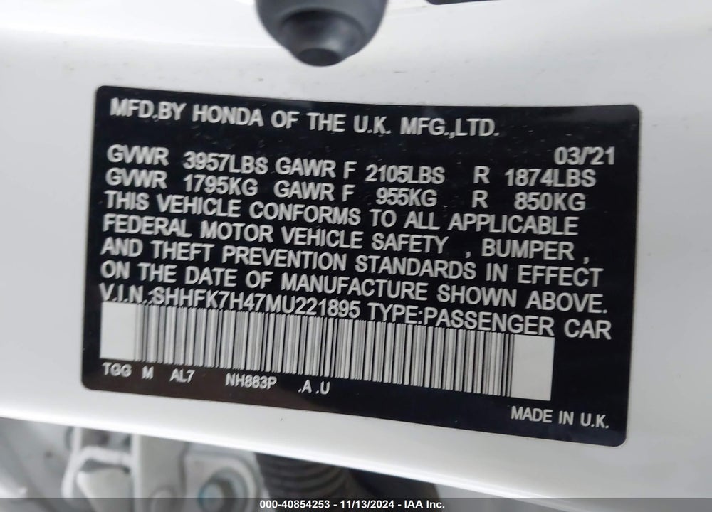 2021 HONDA CIVIC SPORT VIN: SHHFK7H47MU221895