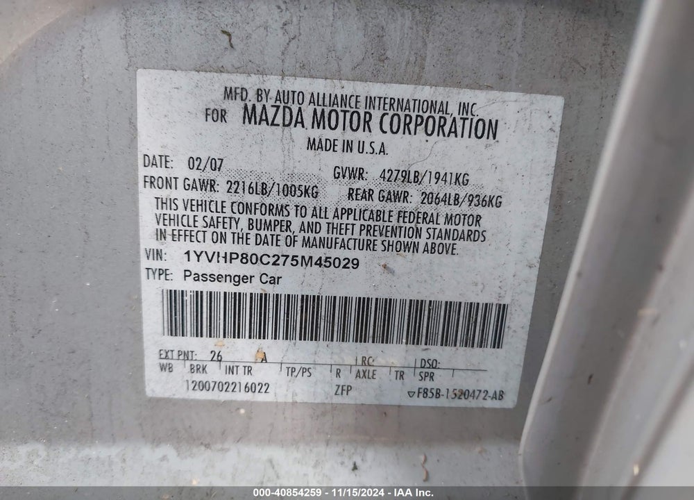 2007 MAZDA 6 I SPORT VE VIN: 1YVHP80C275M45029