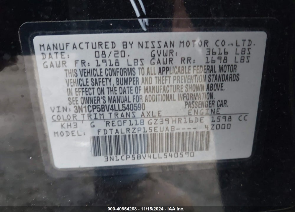 2020 NISSAN KICKS S XTRONIC CVT VIN: 3N1CP5BV4LL540590