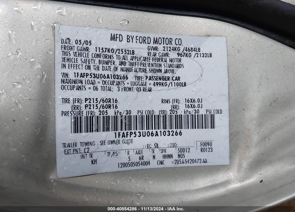 2006 FORD TAURUS SE VIN: 1FAFP53U06A103266