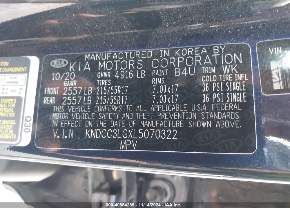 2020 KIA NIRO EV VIN: KNDCC3LGXL5070322