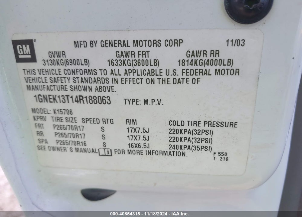 2004 CHEVROLET TAHOE LT VIN: 1GNEK13T14R188063