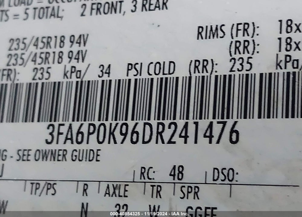 2013 FORD FUSION TITANIUM VIN: 3FA6P0K96DR241476