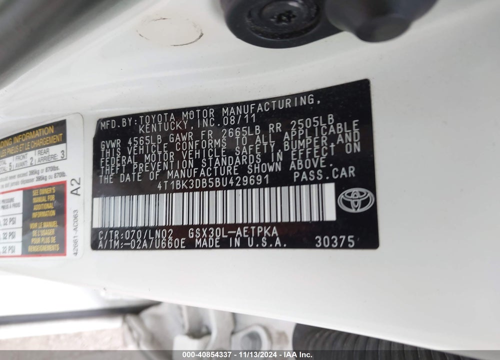 2011 TOYOTA AVALON LIMITED VIN: 4T1BK3DB5BU429691