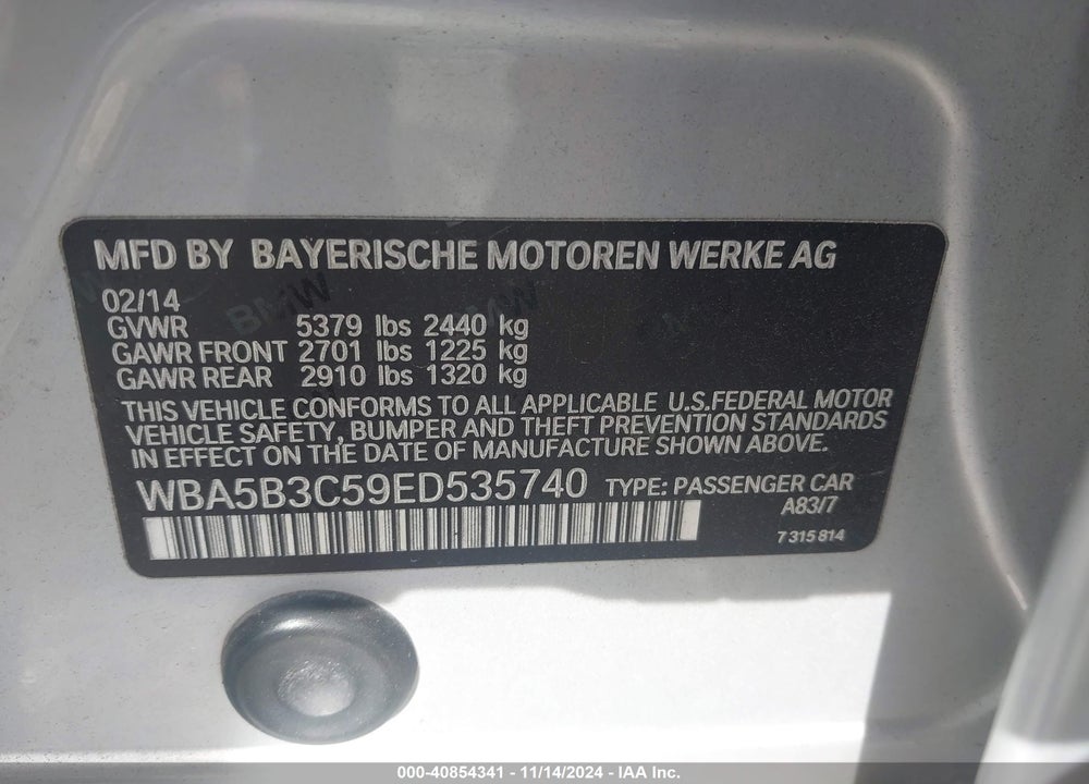2014 BMW 535I XDRIVE VIN: WBA5B3C59ED535740