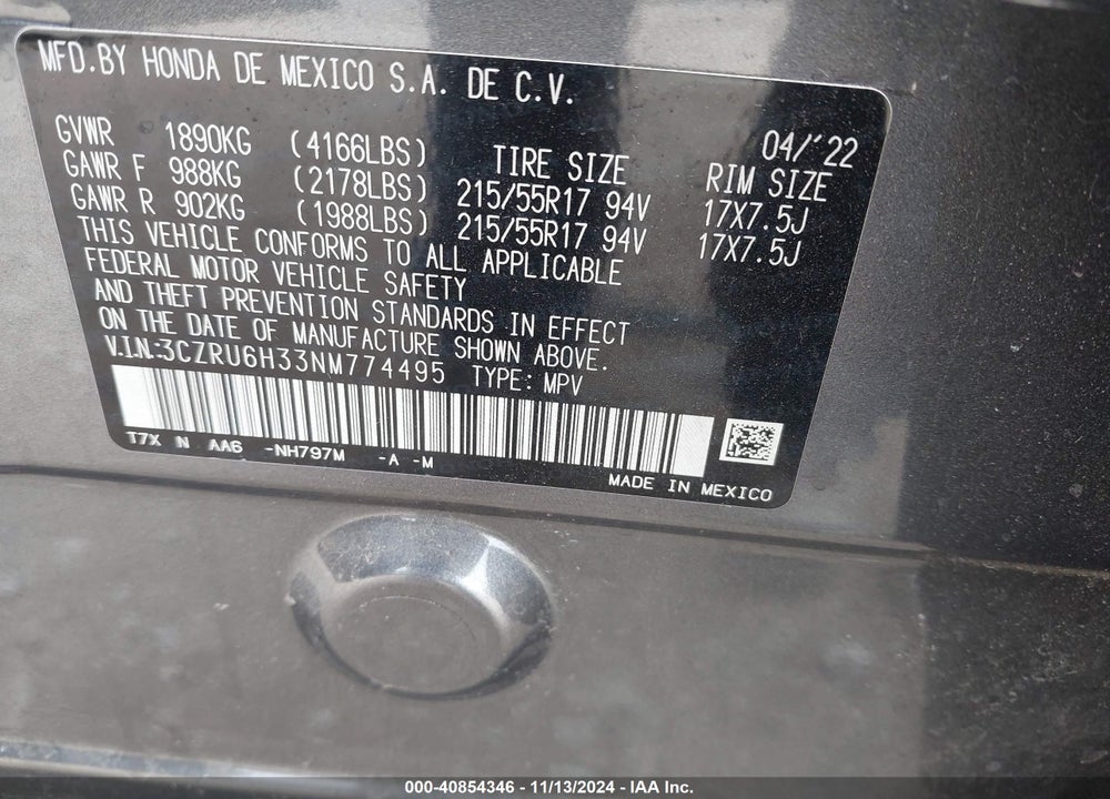 2022 HONDA HR-V AWD LX VIN: 3CZRU6H33NM774495
