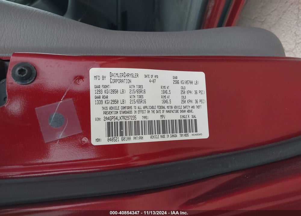 2007 CHRYSLER TOWN & COUNTRY TOURING VIN: 2A4GP54LX7R297235