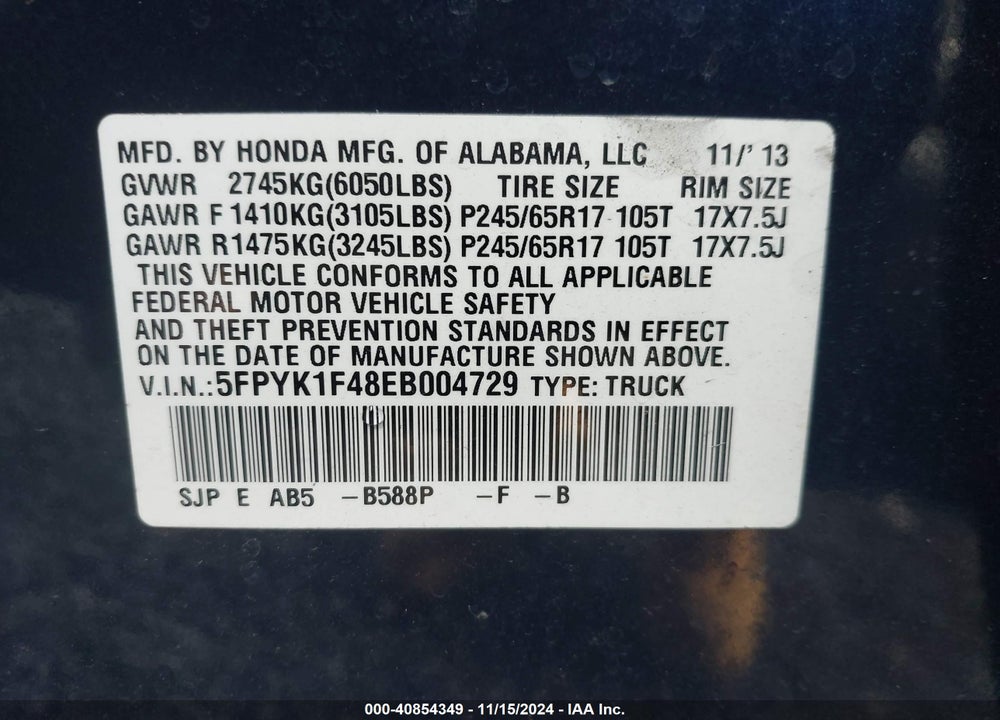 2014 HONDA RIDGELINE RTS VIN: 5FPYK1F48EB004729