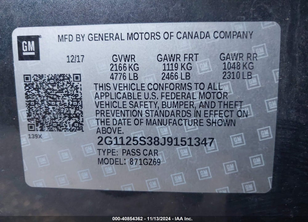 2018 CHEVROLET IMPALA 2LZ VIN: 2G1125S38J9151347