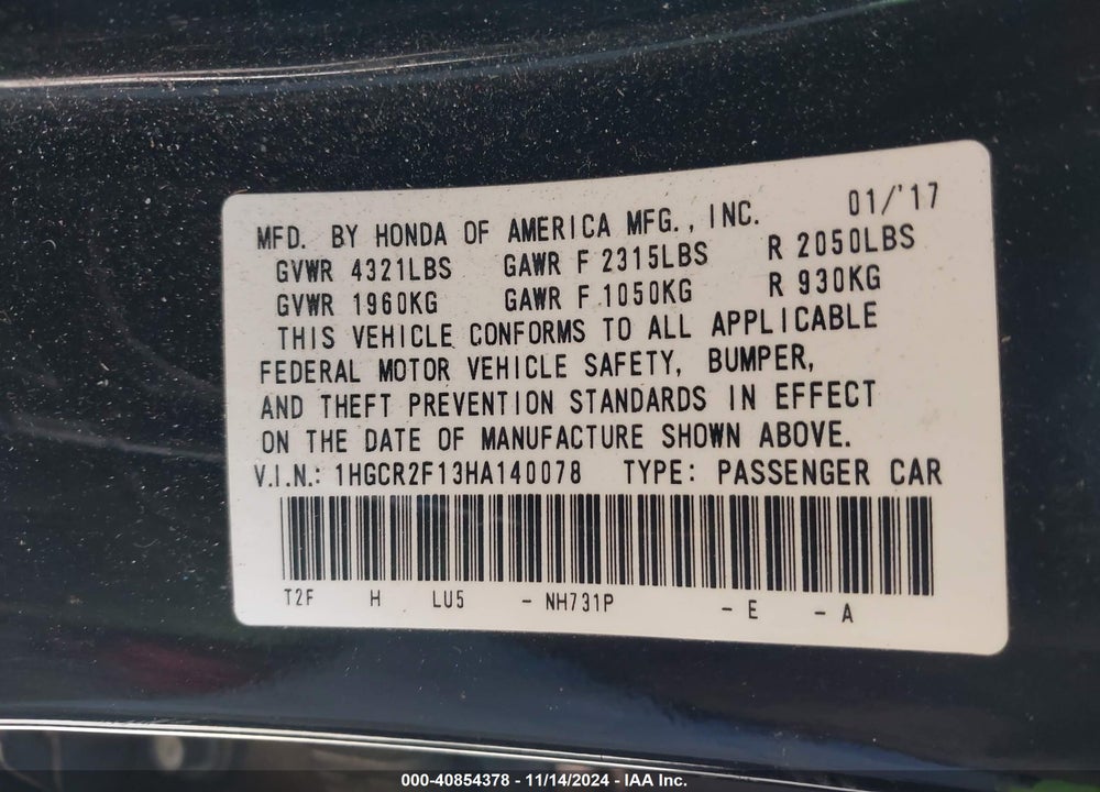 2017 HONDA ACCORD SPORT SE VIN: 1HGCR2F13HA140078