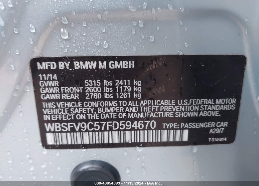 2015 BMW M5 VIN: WBSFV9C57FD594670