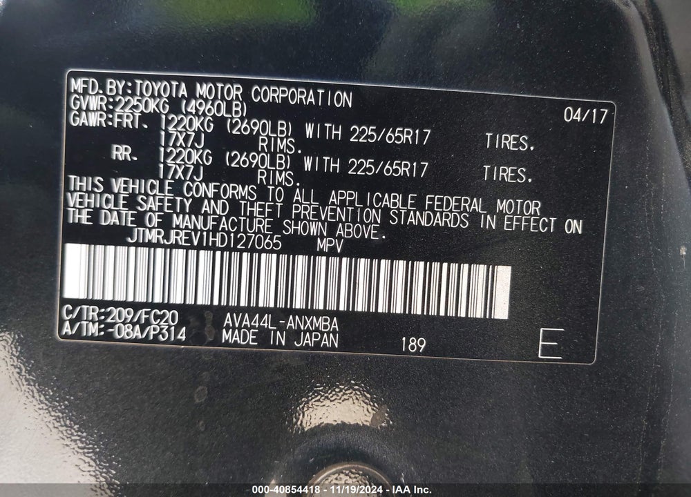 2017 TOYOTA RAV4 HYBRID XLE VIN: JTMRJREV1HD127065