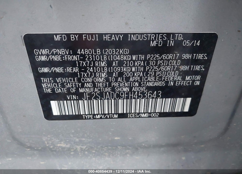 2015 SUBARU FORESTER 2.5I PREMIUM VIN: JF2SJADC9FH453643