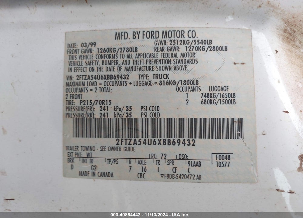 1999 FORD WINDSTAR STANDARD VIN: 2FTZA54U6XBB69432