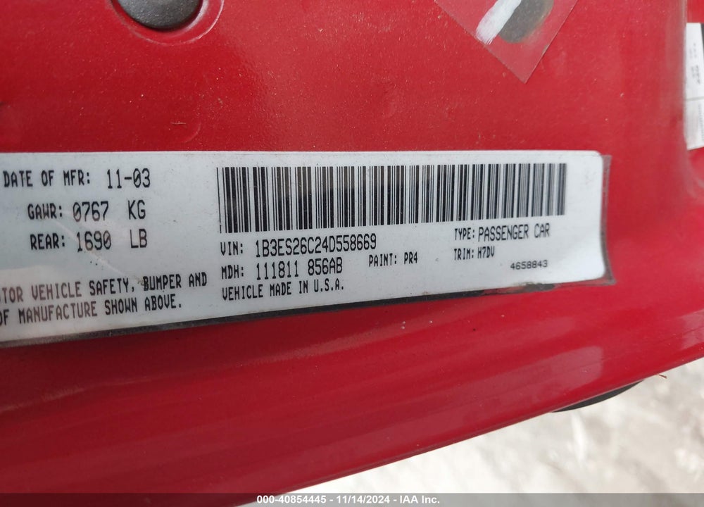 2004 DODGE NEON SE VIN: 1B3ES26C24D558669