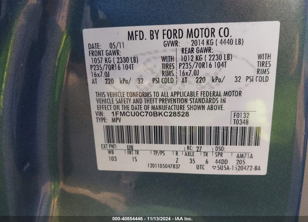 2011 FORD ESCAPE XLS VIN: 1FMCU0C70BKC28528