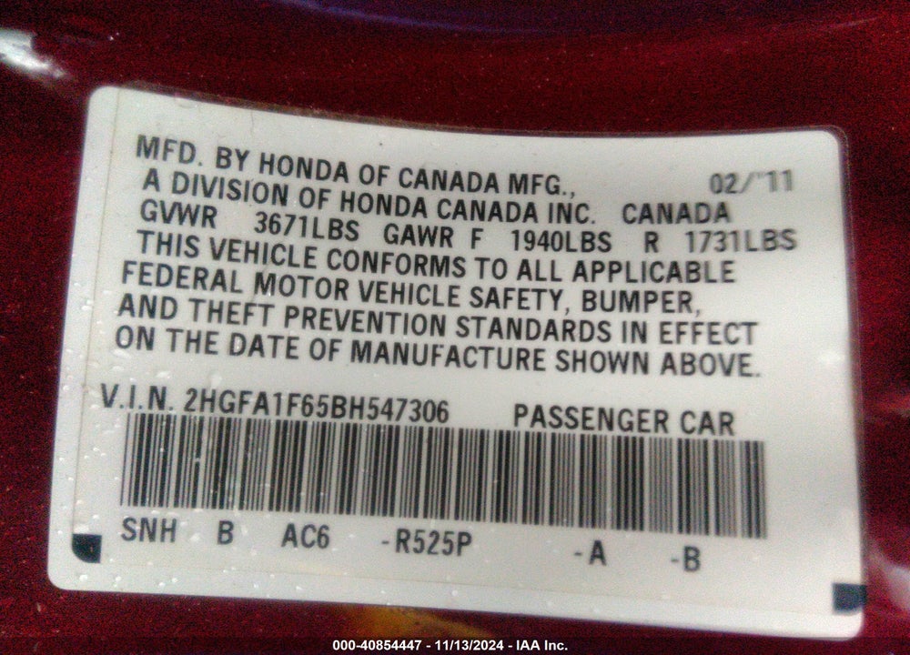 2011 HONDA CIVIC VIN: 2HGFA1F65BH547306