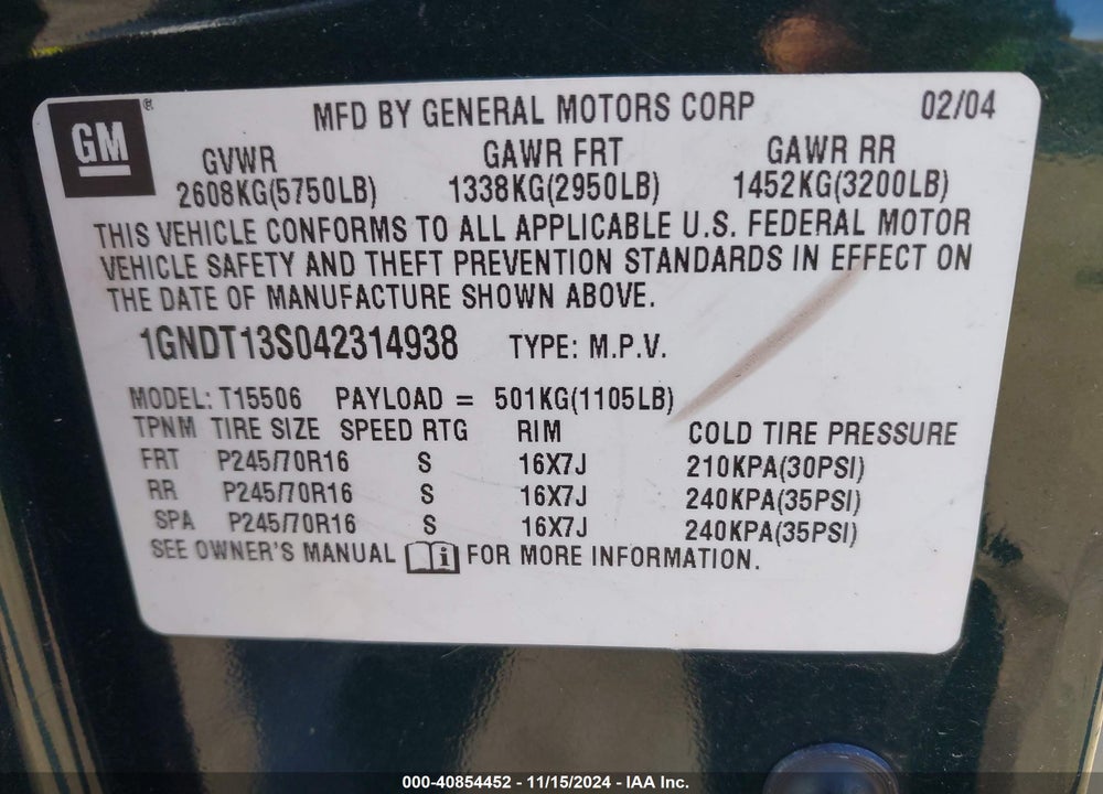 2004 CHEVROLET TRAILBLAZER LS VIN: 1GNDT13S042314938