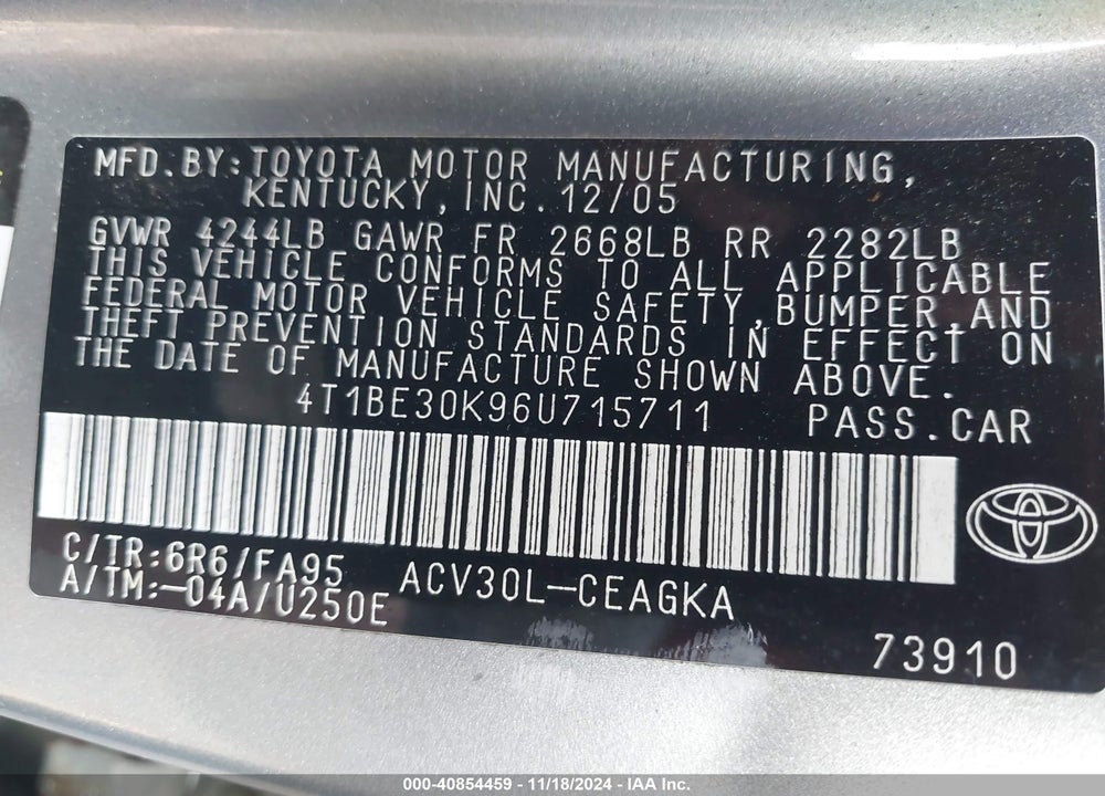 2006 TOYOTA CAMRY XLE VIN: 4T1BE30K96U715711