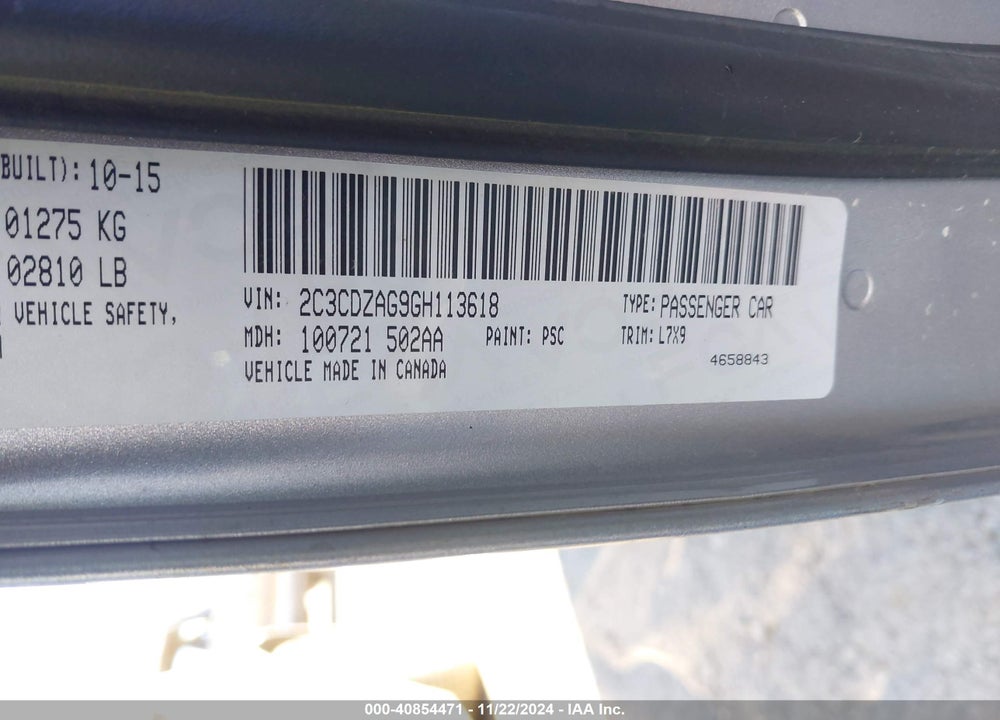 2016 DODGE CHALLENGER VIN: 2C3CDZAG9GH113618