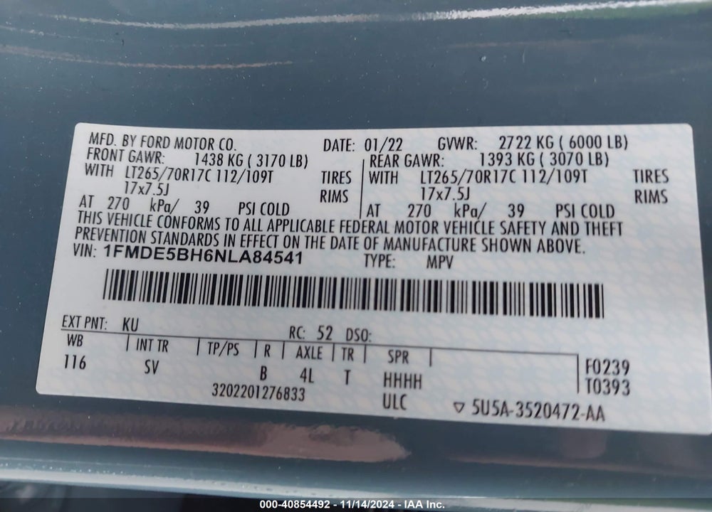 2022 FORD BRONCO VIN: 1FMDE5BH6NLA84541