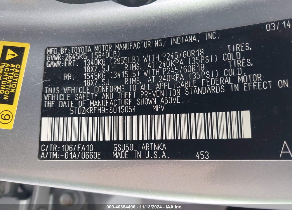 2014 TOYOTA HIGHLANDER LE PLUS/LE PLUS V6 VIN: 5TDZKRFH9ES015054