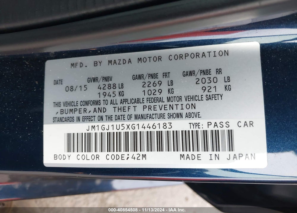 2016 MAZDA 6 I SPORT VIN: JM1GJ1U5XG1446183