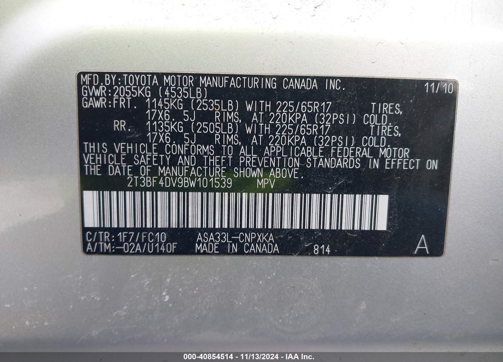 2011 TOYOTA RAV4 VIN: 2T3BF4DV9BW101539
