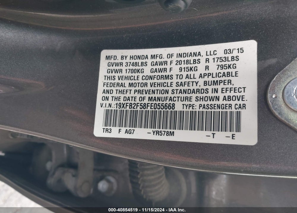 2015 HONDA CIVIC LX VIN: 19XFB2F58FE055668