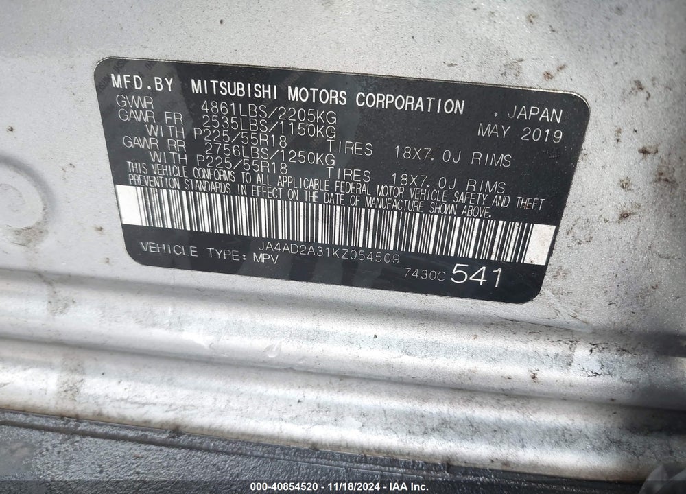 2019 MITSUBISHI OUTLANDER ES VIN: JA4AD2A31KZ054509