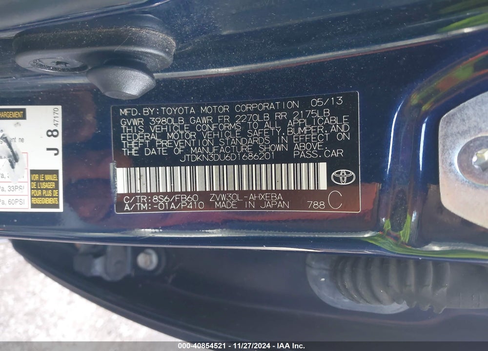 2013 TOYOTA PRIUS THREE VIN: JTDKN3DU6D1686201