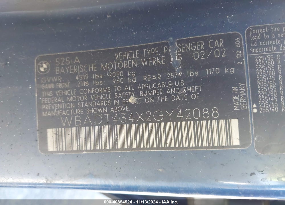 2002 BMW 525IA VIN: WBADT434X2GY42088