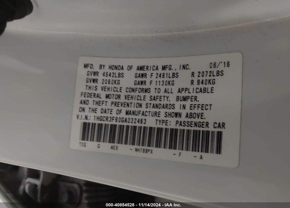 2016 HONDA ACCORD TOURING VIN: 1HGCR3F90GA032463