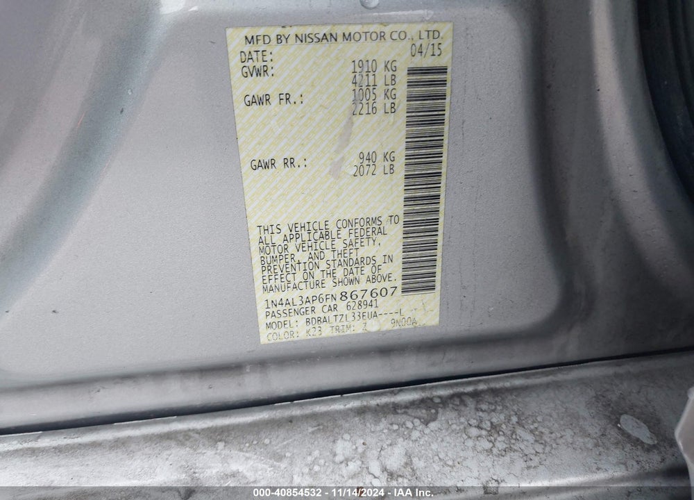 2015 NISSAN ALTIMA 2.5 SL VIN: 1N4AL3AP6FN867607