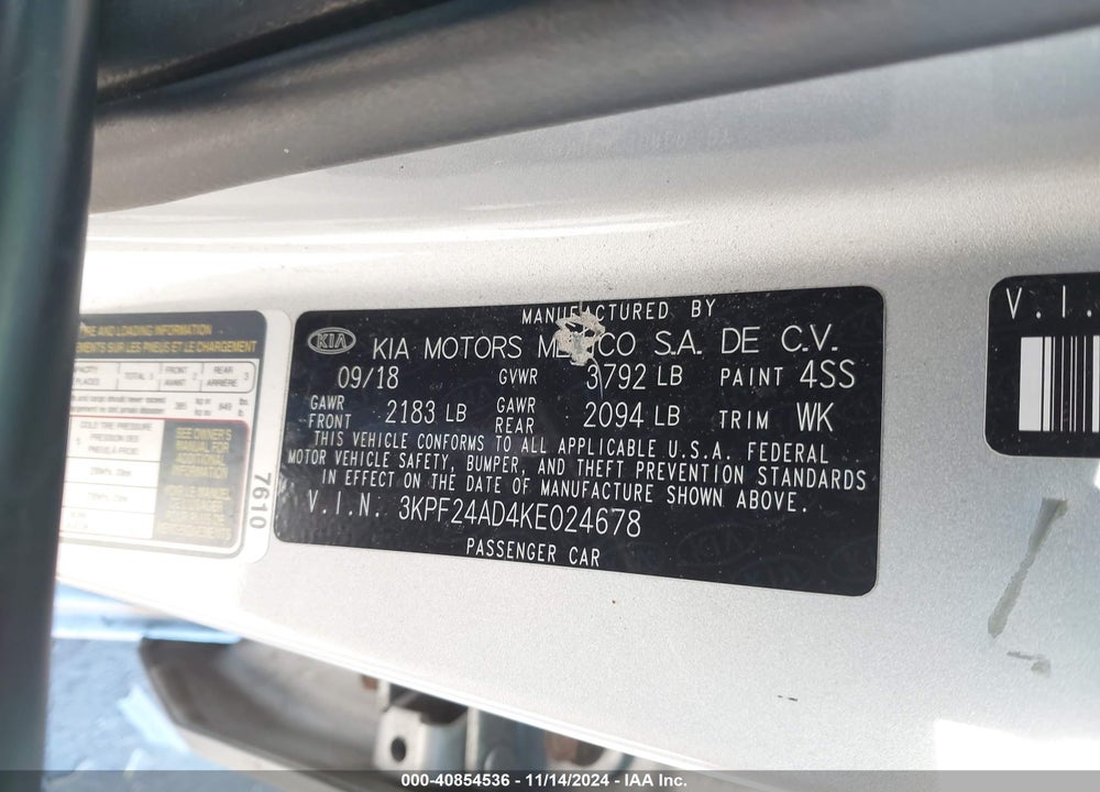 2019 KIA FORTE LXS VIN: 3KPF24AD4KE024678