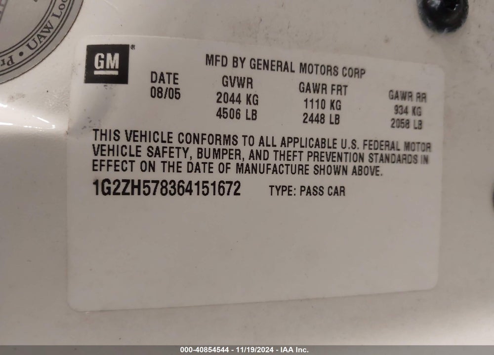 2006 PONTIAC G6 GT VIN: 1G2ZH578364151672