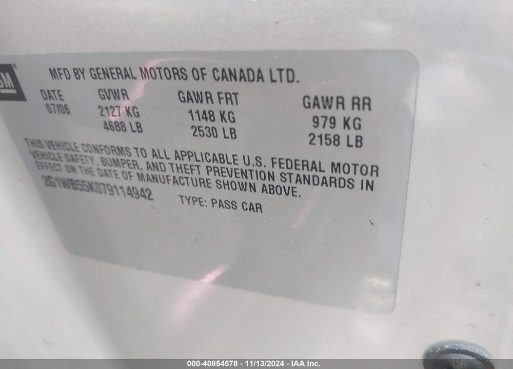 2007 CHEVROLET IMPALA LS VIN: 2G1WB55K079114942