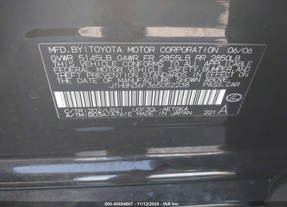 2006 LEXUS LS 430 VIN: JTHBN36F365052238