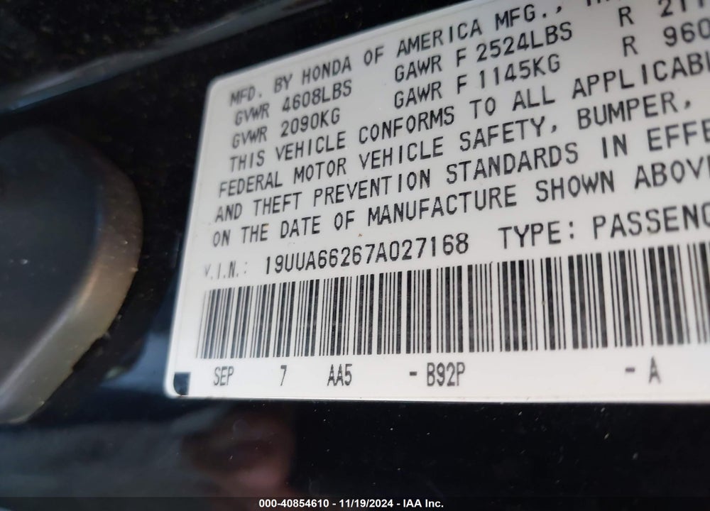 2007 ACURA TL 3.2 VIN: 19UUA66267A027168